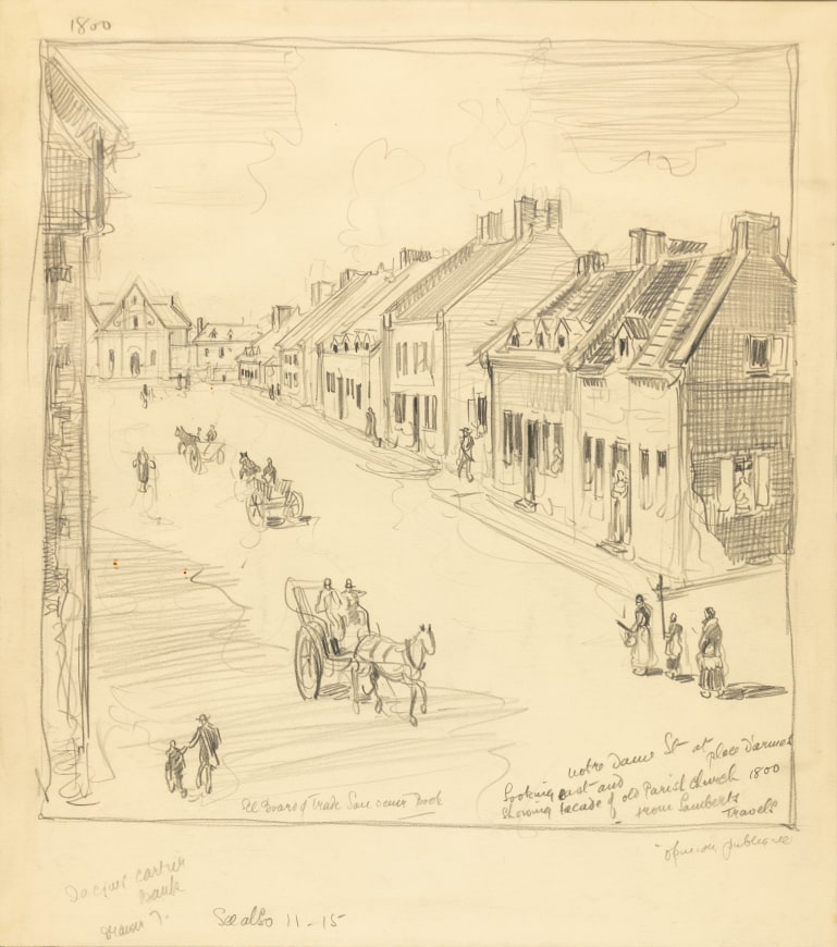 Notre-Dame Street at Place d’Armes Looking East, a 20th century drawing, presumably copied from an engraving of the circa 1807 scene