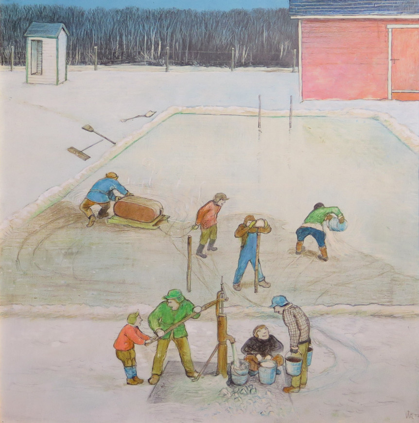 <span class="artist"><strong>William Kurelek, R.C.A., O.S.A.</strong></span>, <span class="title"><em>Rink Making - Frabique de glace</em>, 1971</span>