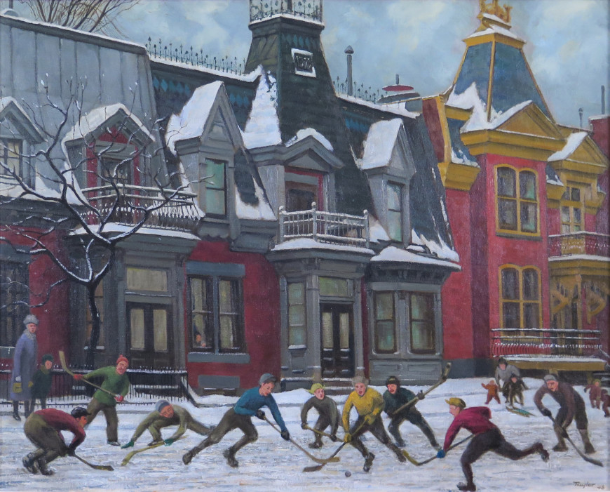 <span class="artist"><strong>Frederick B. Taylor, R.C.A.</strong></span>, <span class="title"><em>Hockey on Henri-Julien Street at Pine Ave. East, Montreal - Hockey sur la rue Henri-Julien au coin de l'Avenue des Pins, Montréal</em>, 1948</span>