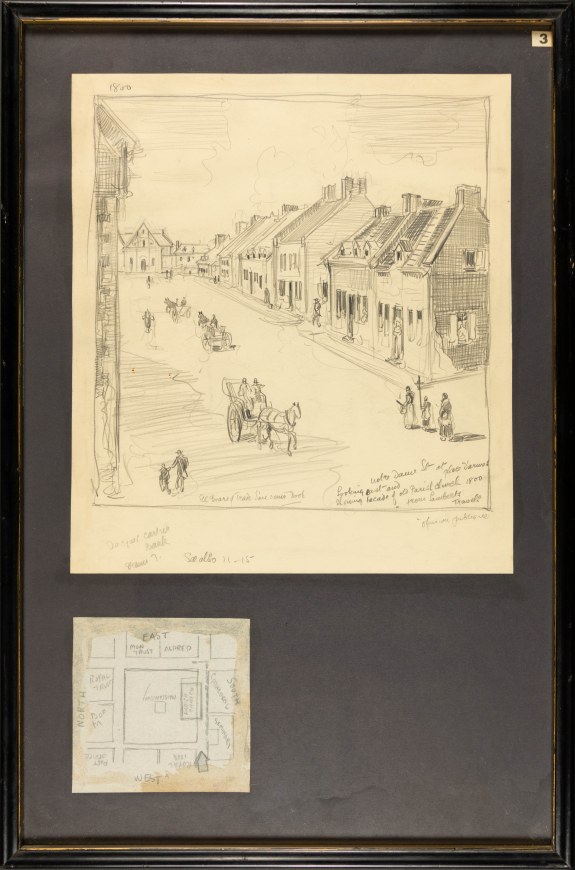 Notre-Dame Street at Place d’Armes Looking East, a 20th century drawing, presumably copied from an engraving of the circa 1807 scene