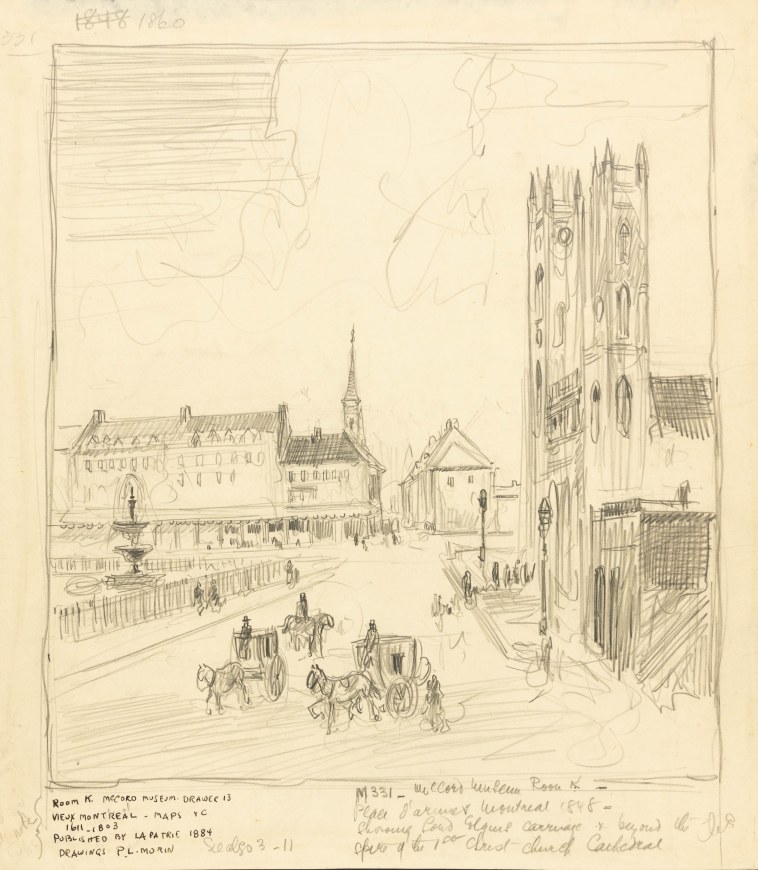 Place d’Armes, Montreal, a 20th century drawing, presumably copied from a 19th century engraving
