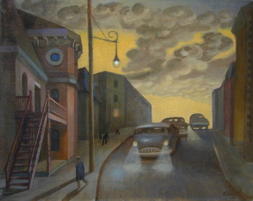 <span class="artist"><strong>Philip Surrey, C.M., LL.D., R.C.A.</strong></span>, <span class="title"><em>Street Scene, St. Henri - Rue à St-Henri</em>, 1955 (circa)</span>