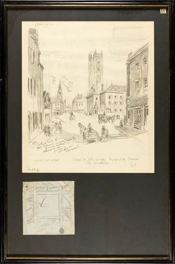 Looking East to Place D’Armes on Notre-Dame Street, a 20th century drawing, presumably copied from an engraving of a 19th century scene