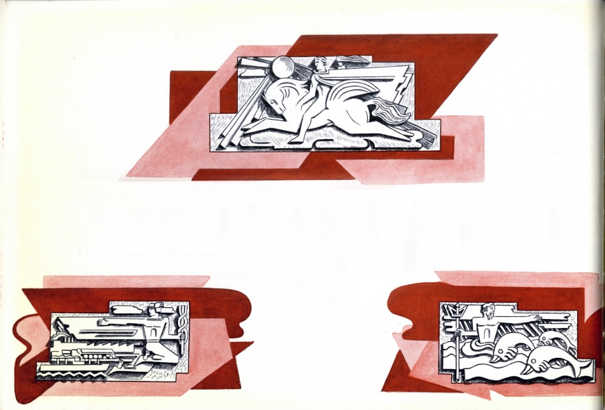 Fig. 4 The three large bas-reliefs, which depict Mercury, Prometheus, and Neptune on the north exterior wall, were obscured by the late 1950s construction of the neighbouring Queen Elizabeth Hotel. [14]