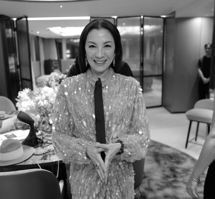 Michelle Yeoh arriving at the Mandarin Oriental, Hong Kong's 60th anniverisary party. Photographer: Greg Williams