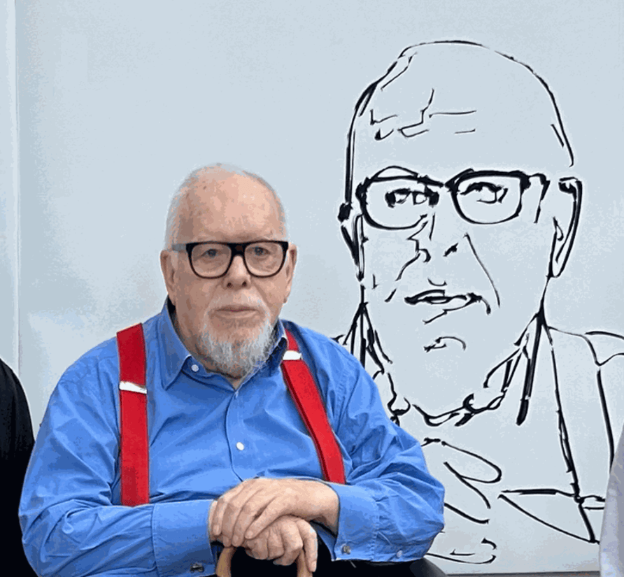 Sir Peter Blake with his AI portrait
