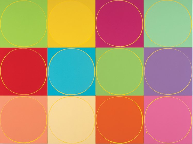 <strong>Ian Davenport</strong>, <em>Untitled Circle Painting: 12 multicoloured panels, no.1</em>, 2003