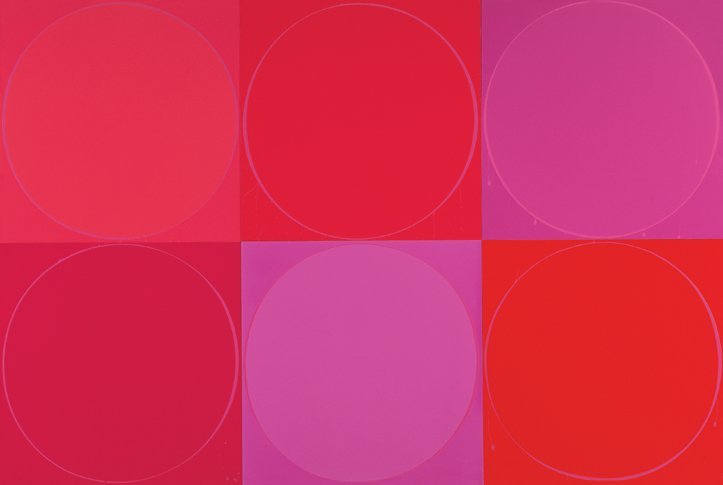 <strong>Ian Davenport</strong>, <em>Untitled Circle Painting: 6 various red panels</em>, 2003