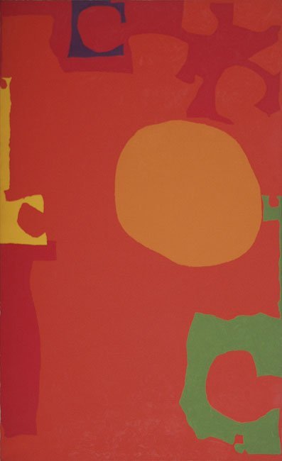 Rumbold Vertical Three : Orange Disc in Scarlet with Green : July 1970