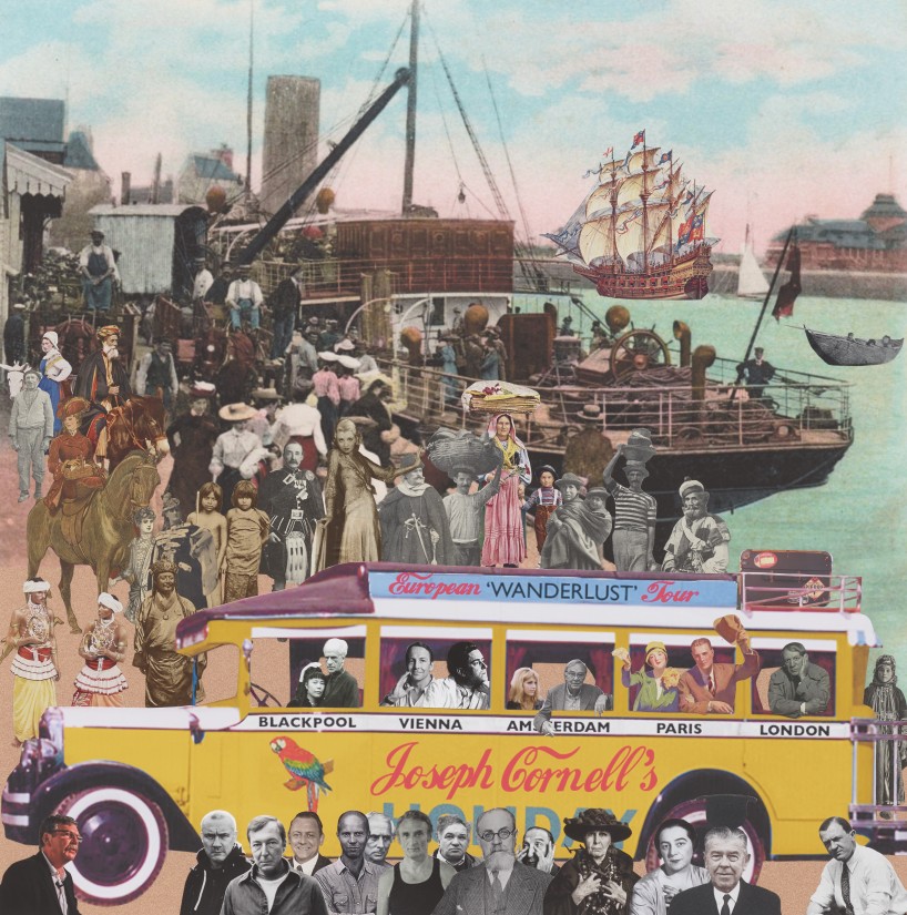 Peter Blake, ‘Joseph Cornell’s Holiday – France, St. Malo. ‘Coach trip of Collagists’, 2017, collage, 88.5 x 87 cm