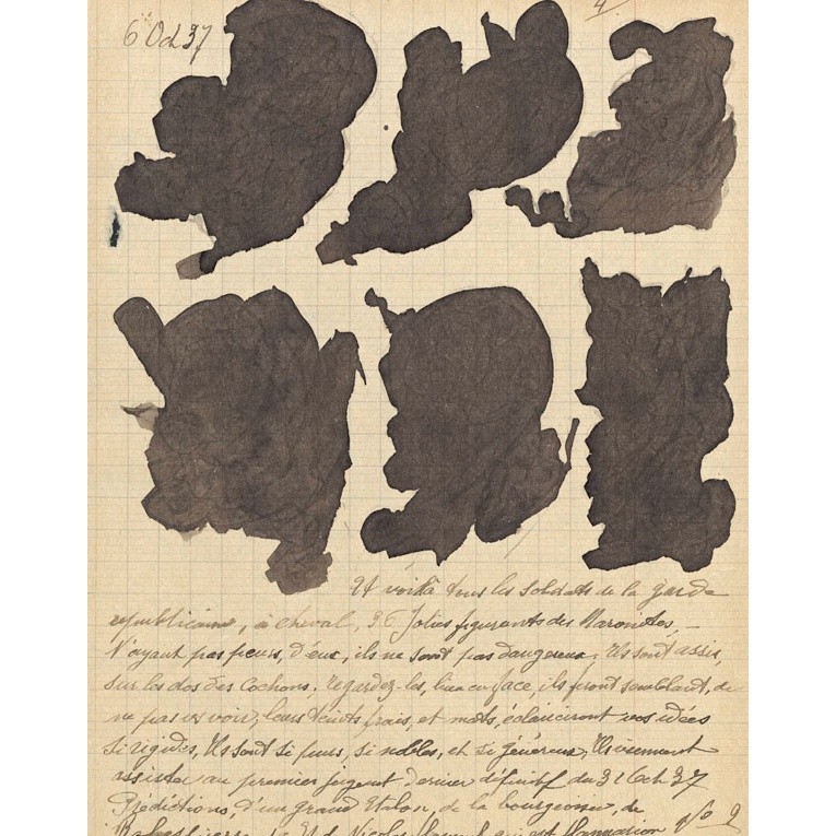 Jeanne Tripier, Petit dossier nº 10 (Little folder no. 10), c.1935–1939, ink, varnish, and sugar on paper, page size between 8 5/8 x 6 3/4 in. and 13 5/8 x 8 5/8 in., Collection de l’Art Brut, Lausanne, Switzerland. Photo © Collection de l’Art Brut, Lausanne, by Jean-Marie Almonte and Michael Legentil, Atelier de numérisation—Ville de Lausanne. 