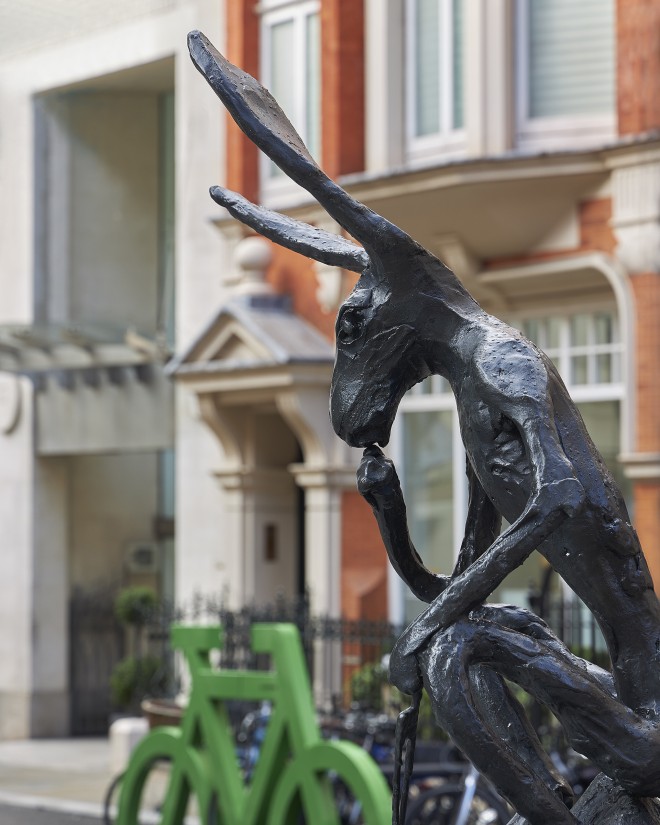 Barry Flanagan’s Large Troubador located on Cork Street, Mayfair. Photograph: Barney Hindle.
