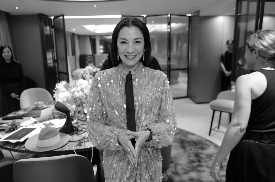 Michelle Yeoh arriving at the Mandarin Oriental, Hong Kong's 60th anniverisary party. Photographer: Greg Williams