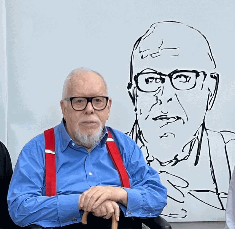 Sir Peter Blake with his AI portrait