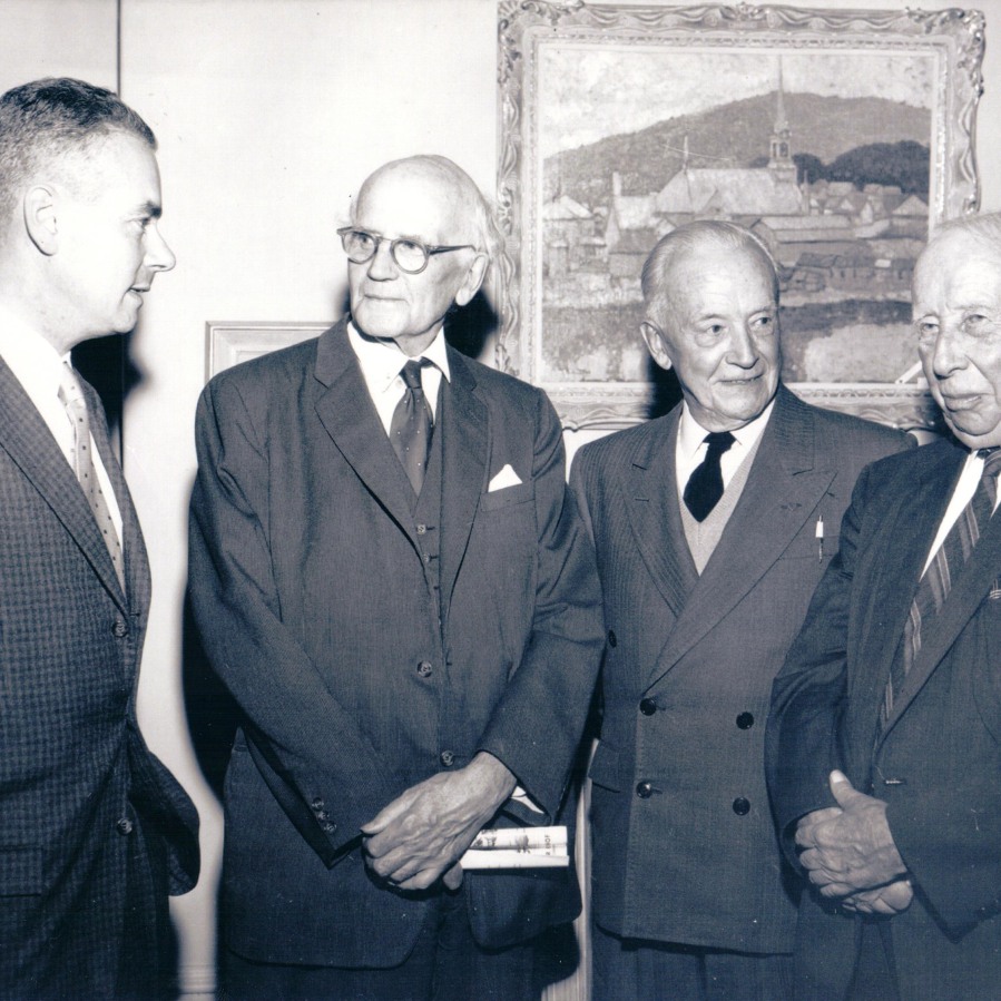Walter Klinkhoff with Group of Seven artists Arthur Lismer, Edwin Holgate, and AY Jackson at Walter Klinkhoff Gallery