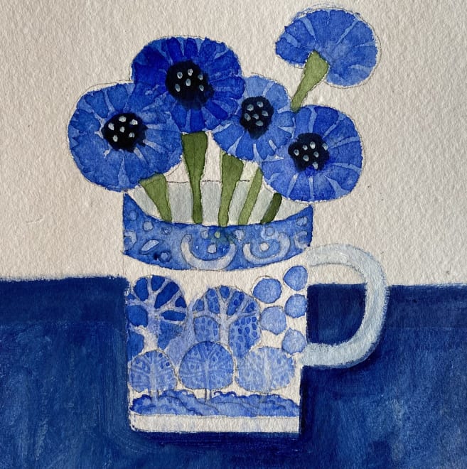 Cornflowers in a Willow Pattern Cup