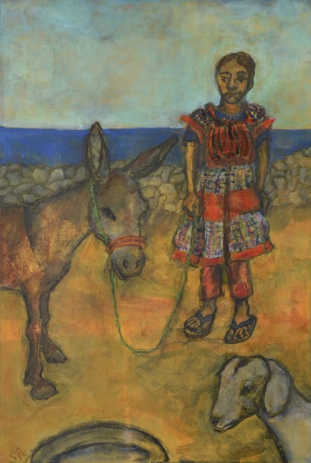 Girl with Donkey and Young Goat