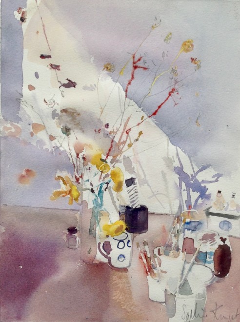Studio Clutter with Painting Brushes and Yellow Tulips
