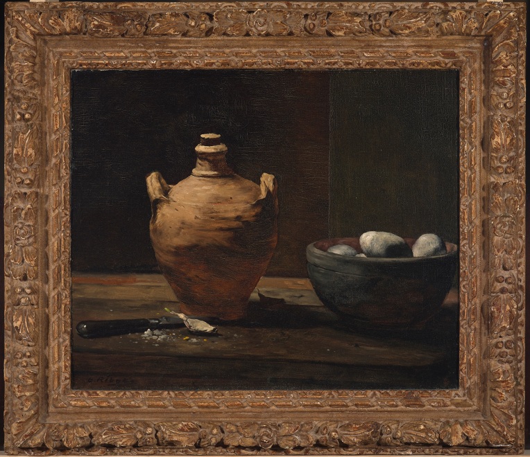 STILL LIFE WITH EGGS, GARLIC, AND A CERAMIC JUG 