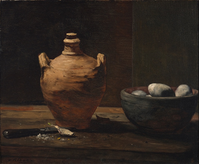 STILL LIFE WITH EGGS, GARLIC, AND A CERAMIC JUG 