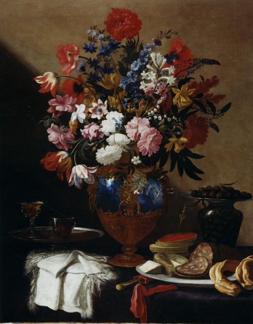 Pier Francesco Cittadini, called Il Milanese, Vase of Flowers with Pale of Olives, Salami and Cheese, Preserves, a Chalice and a white fringed Cloth