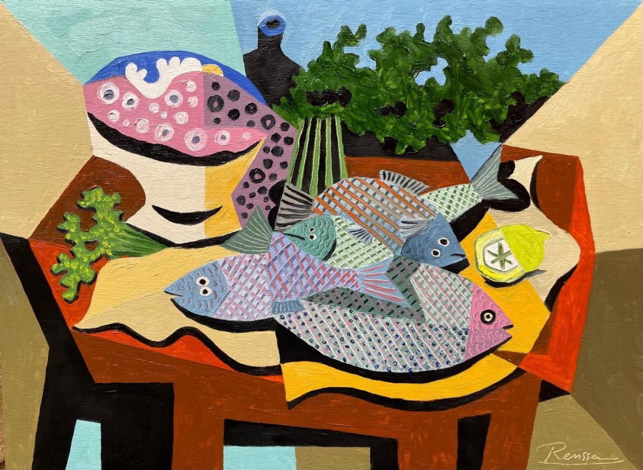 Size M | Still life with fish, parsley and a bottle