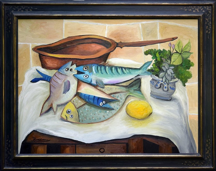 Size M | Fish, lemon, herbs & pan on a table