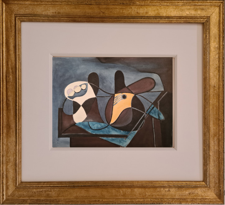 After Picasso's Fruit and guitar in front of grey background, 1946