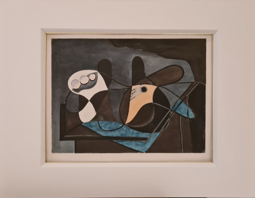 After Picasso's Fruit and guitar in front of grey background, 1932
