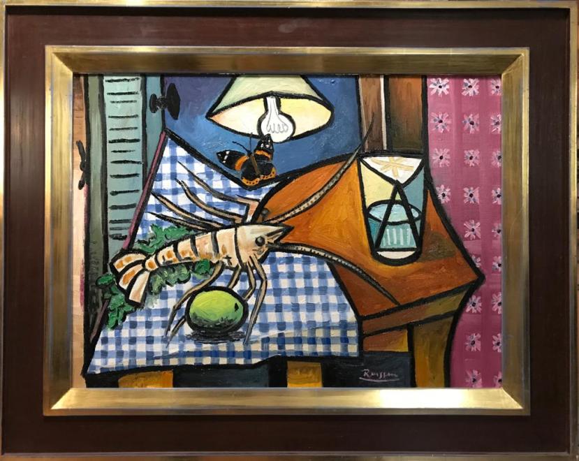 Still life with lobster, butterfly, lemon and glass