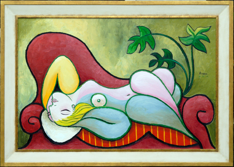 Reclining nude on a red sofa