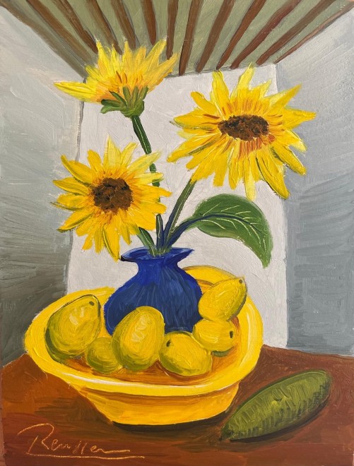 Sunflowers and lemons in a bowl