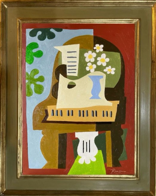 Guitar and flowers on a piano