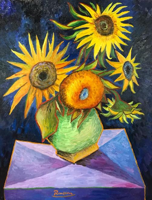 Sunflowers in a green vase 