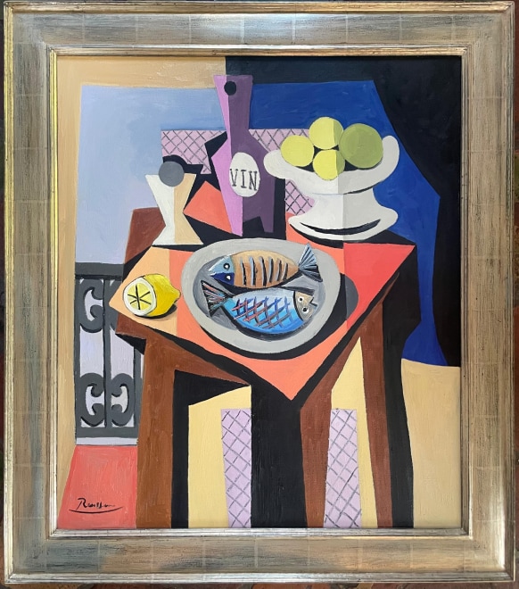 Size M | Still life with fish, bottle, glass and fruitbowl 