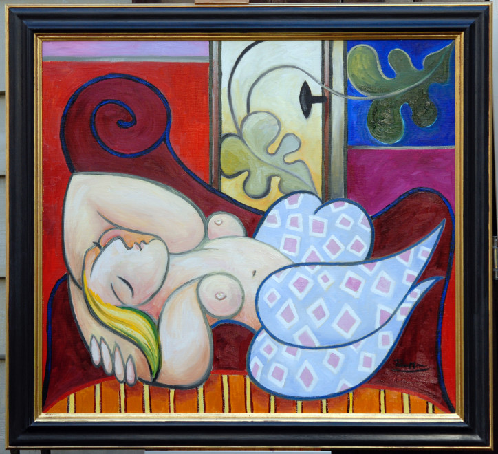Reclining nude in pantaloons on a red sofa