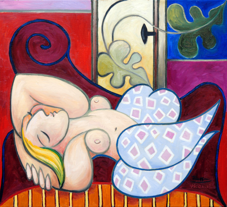 Reclining nude in pantaloons on a red sofa