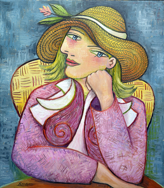 Size L | Seated woman in a straw hat