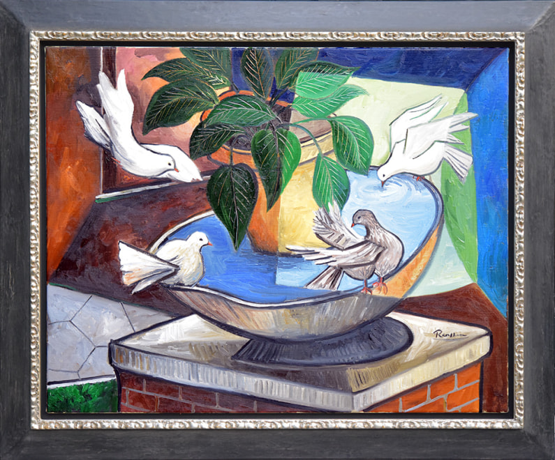 Doves near a waterbowl