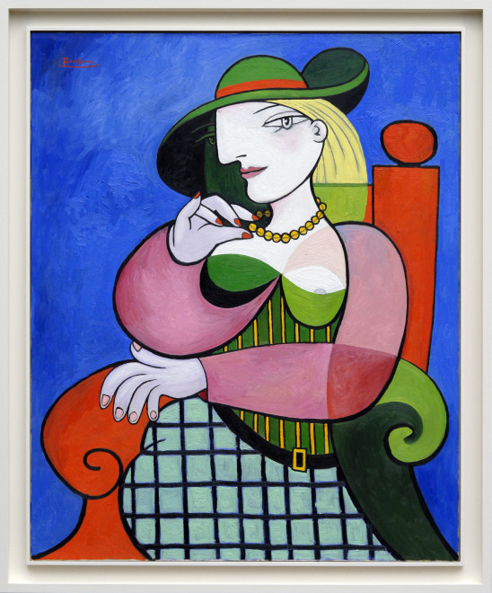 Seated woman in a green hat