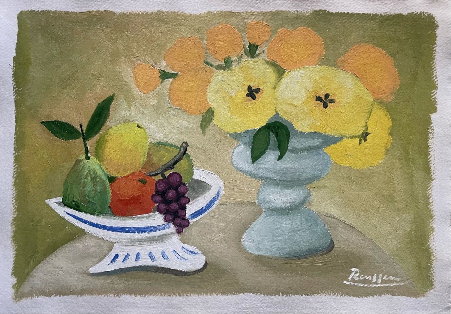 Size M | Flowers and fruit on a table