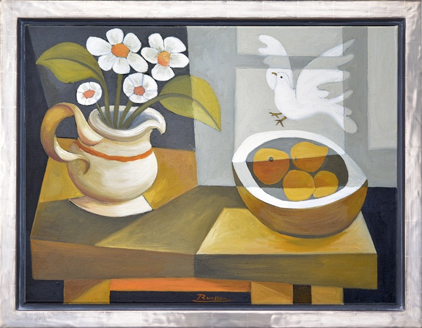 Size M | Still life with flowers, fruitbowl and dove