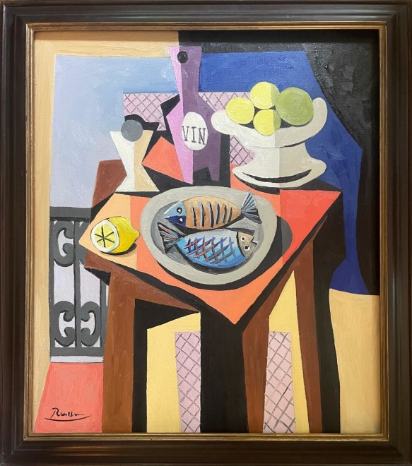 Still life with fish, bottle, glass and fruitbowl 