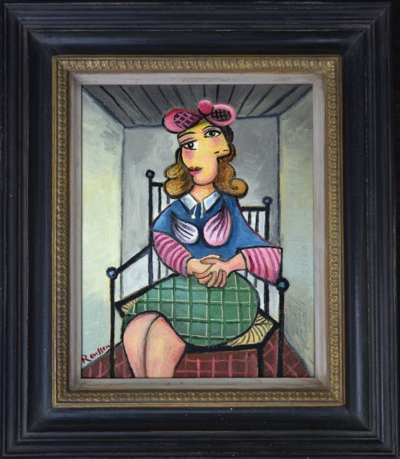 Seated woman in a green skirt