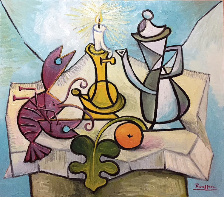 Lobster, coffee pot, orange and candle on a table