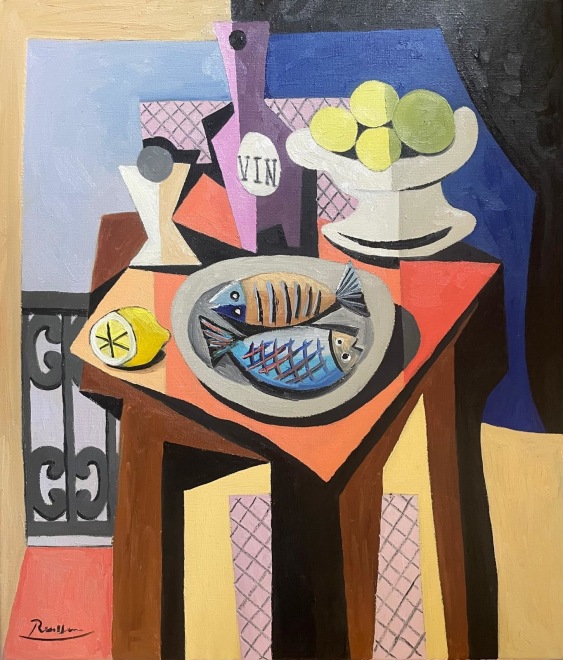 Still life with fish, bottle, glass and fruitbowl 