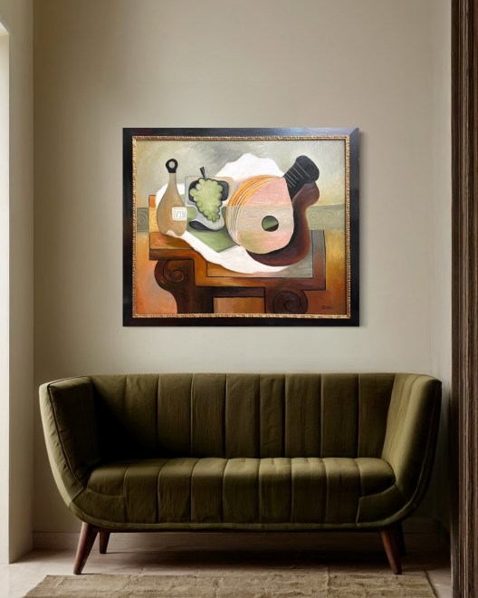 Size XL | Mandolin, grapes and bottle on a table