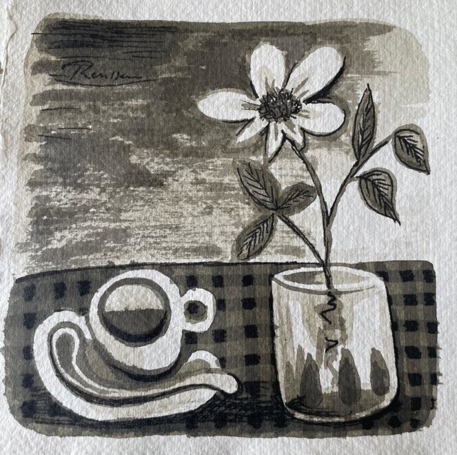 Size S | Still life with coffee cup and flower in a glass