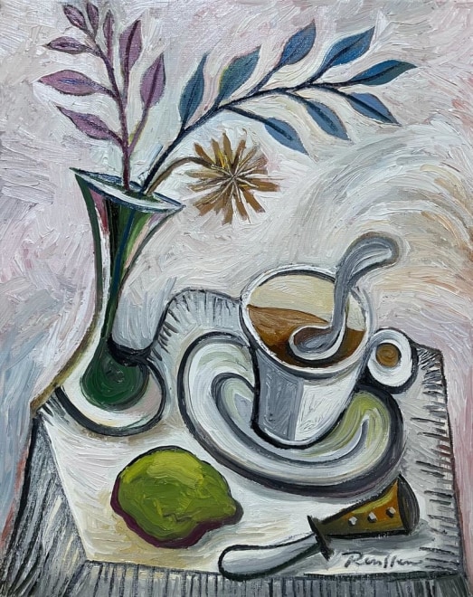 Size M | Cup of coffee, lemon and vase on a table
