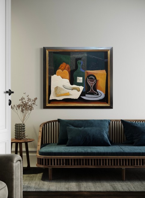 Size L | Still life with brie, bread, bottle and glass